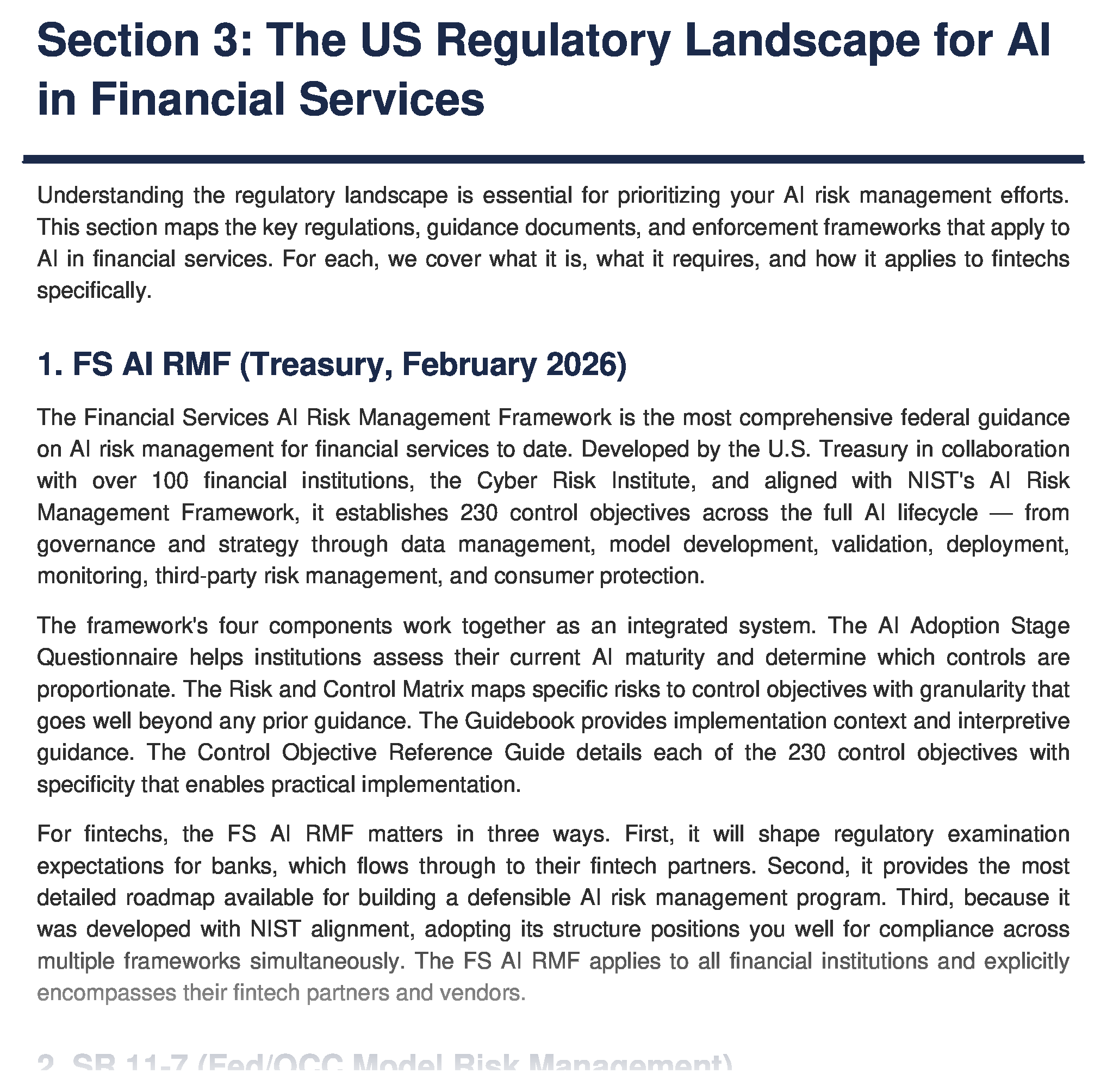 US regulatory landscape for AI in financial services — NIST AI RMF 1.1, 2026 OCC model risk guidance, FS AI RMF, CFPB ECOA AI provisions, Colorado AI Act