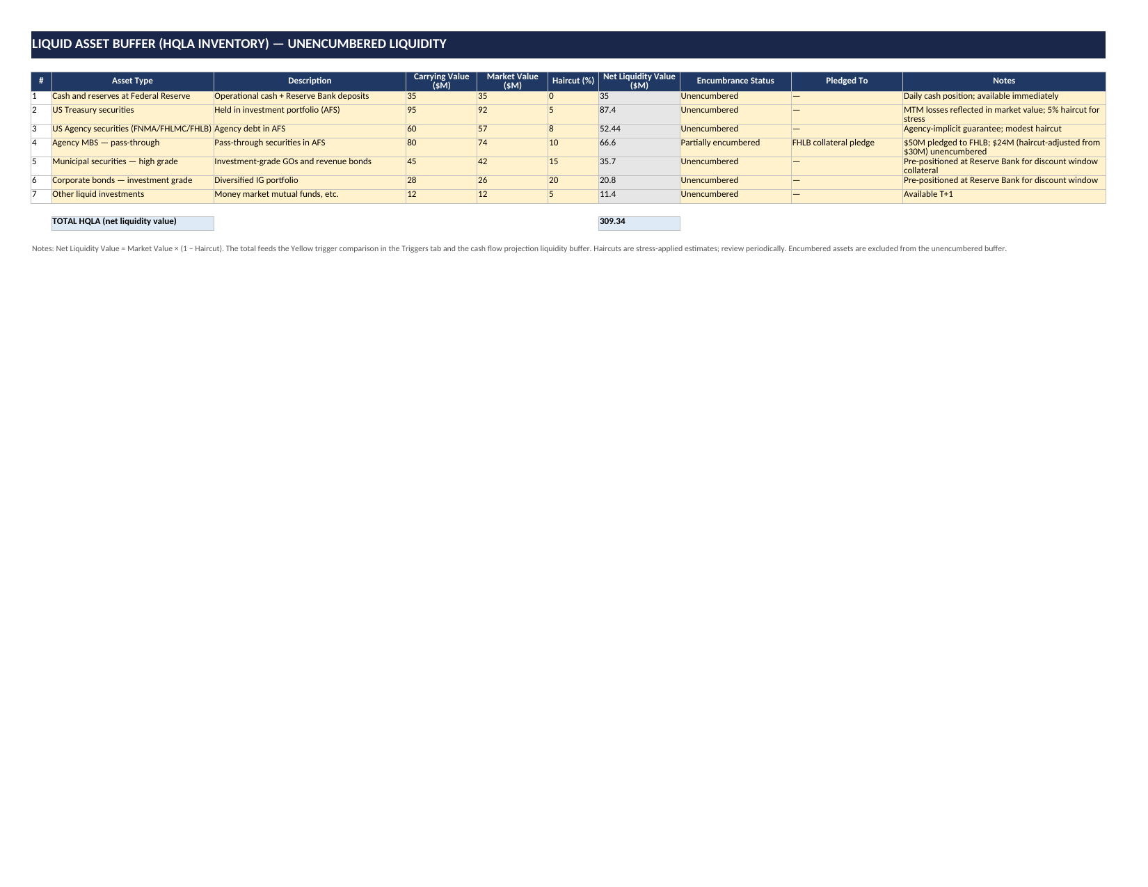 Liquid Asset Buffer (HQLA Inventory) tab — asset-by-asset tracking with carrying value, market value, stress-applied haircuts, and Net Liquidity Value formula