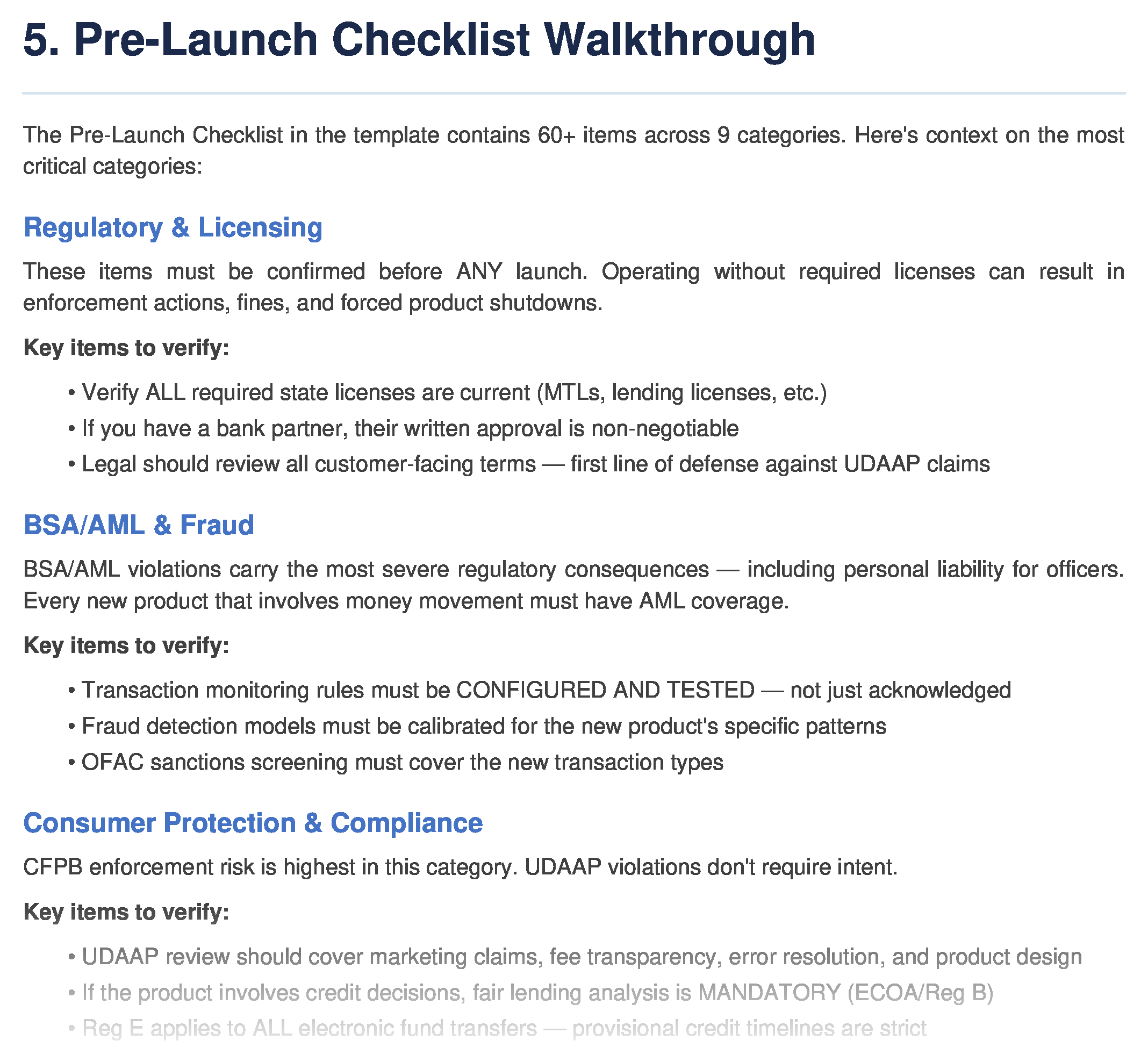 Pre-launch checklist sample — 58 items across 9 categories before going live