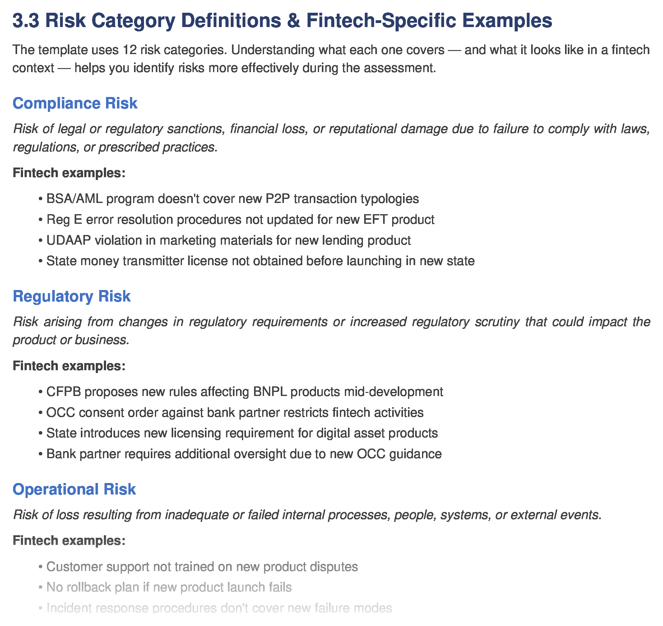 12 risk category definitions — from Compliance and Regulatory to Reputational, Strategic, and Model Risk